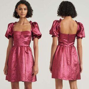 Saloni Rachel-D Lined Puff Sleeve Ruffle Trim Mini Dress Metallic Pink Size:8